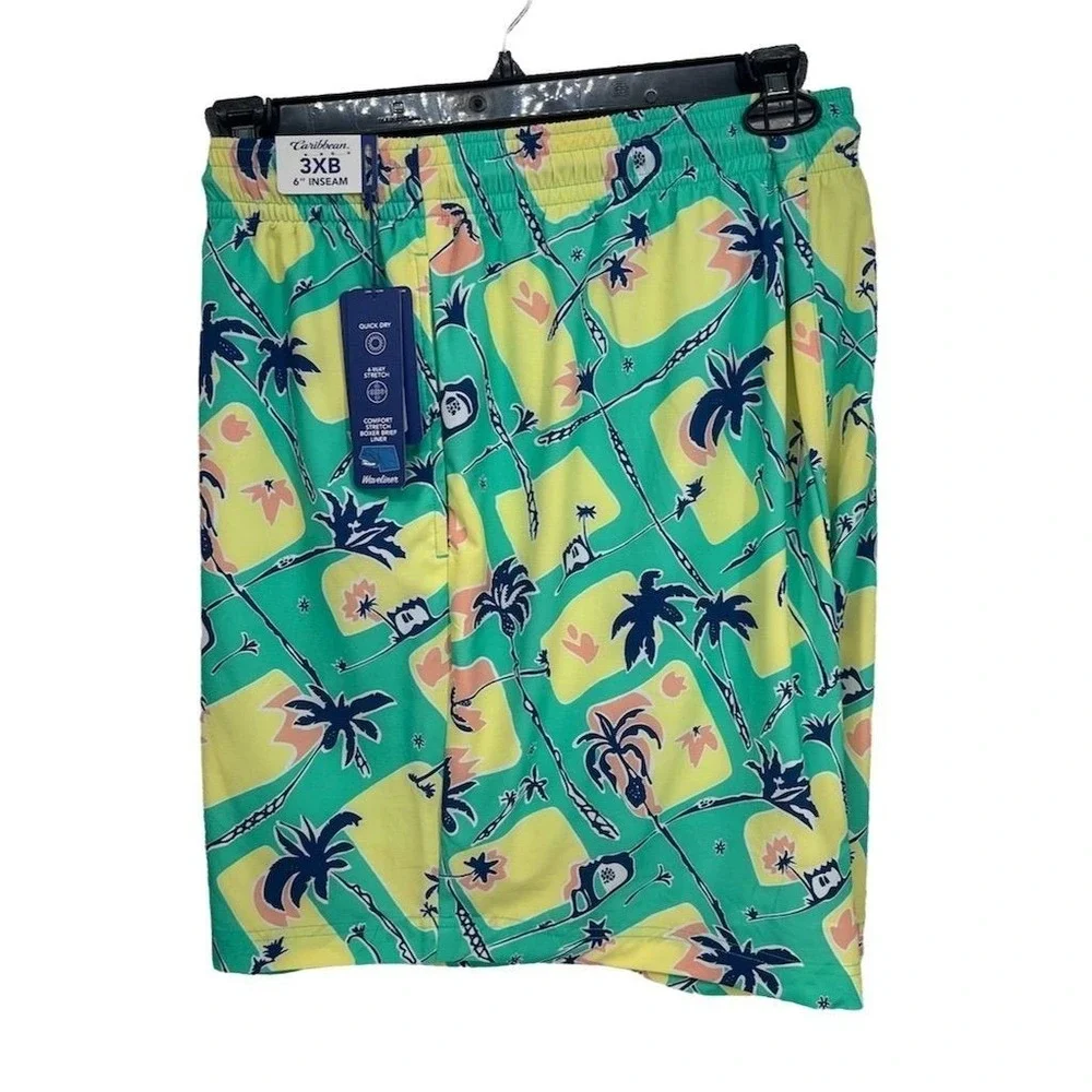 NEW Caribbean Swimwear‎ Men's 3XB Green Tropical Palm Tree Swim Trunks